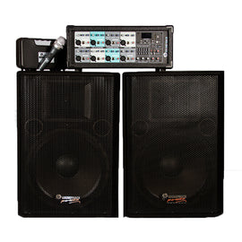 Combo de Mezcladora SOUNDTRACK Box Type de 8 Canales con Procesador MP3 y Bluetooth con 2 bafles 15" 200w  SHA-108BT - Hergui Musical
