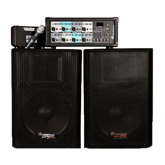Combo de Mezcladora SOUNDTRACK Box Type de 8 Canales con Procesador MP3 y Bluetooth con 2 bafles 15