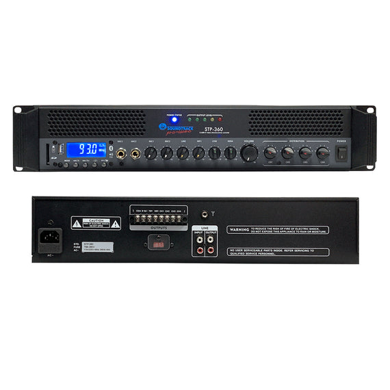 Amplificador De Publidifusión Para Interiores, 360w RMS, Cuatro zonas con control de volumen independiente, Reproductor MP3, BT y USB, Línea de 70 y 100 volts  SOUNDTRACK  STP-360 - Hergui Musical