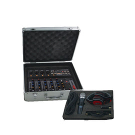 KIT DE GRABACIÓN, INCLUYE: MEZCLADORA 6 CANALES (4 DIRECTOS, 2 COMPARTIDOS), INTERFAZ, AUDÍFONO, MICRÓFONO y CABLES  SOUNDTRACK   STUDIO-6-KIT - Hergui Musical