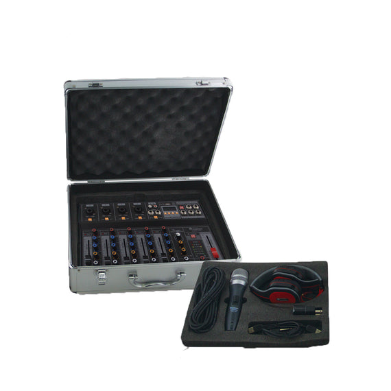 KIT DE GRABACIÓN, INCLUYE: MEZCLADORA 6 CANALES (4 DIRECTOS, 2 COMPARTIDOS), INTERFAZ, AUDÍFONO, MICRÓFONO y CABLES  SOUNDTRACK   STUDIO-6-KIT - Hergui Musical