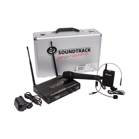 SISTEMA DE MICRÓFONO INALÁMBRICO UN MICRÓFONO DE MANO Y OTRO DE DIADEMA O SOLAPA, DOBLE ANTENA, DOS CANALES FRECUENCIAS FIJAS   SOUNDTRACK   STW-28HUL - Hergui Musical