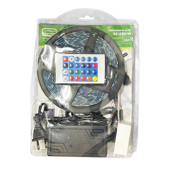 TIRA DE LEDS RGB 5m, 12v, IP65, INCLUYE ELIMINADOR Y CONTROL REMOTO, 60 LEDS  TIANLAI  T5050RGB08 - Hergui Musical