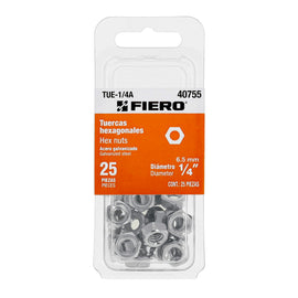 Blíster con 25 tuercas 1/4" hex de acero galvanizado, fiero - Hergui Musical