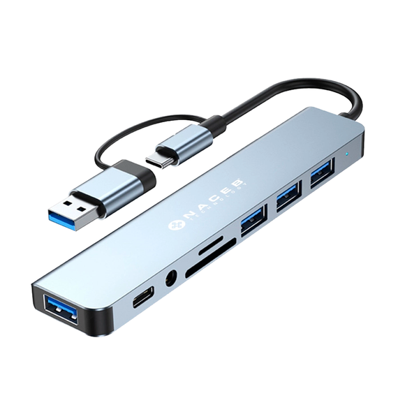 ADAPTADOR USB-C/A 8 EN 1 USB3.0+3*USB2.0+USB-C+SD/TF+AUX  NACEB   NA-0149
