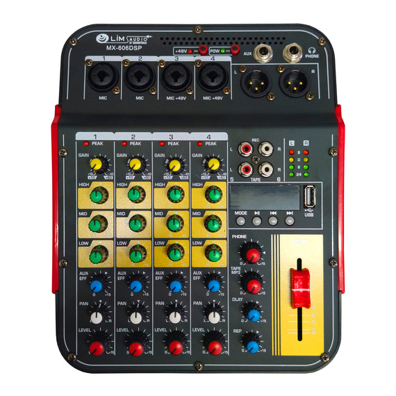 Mezcladora pasiva 6 canales (4 Directos, 2 Compartidos), Phantom, bluetooth, USB, MP3 Player  SOUNDTRACK   MX-606DSP - Hergui Musical