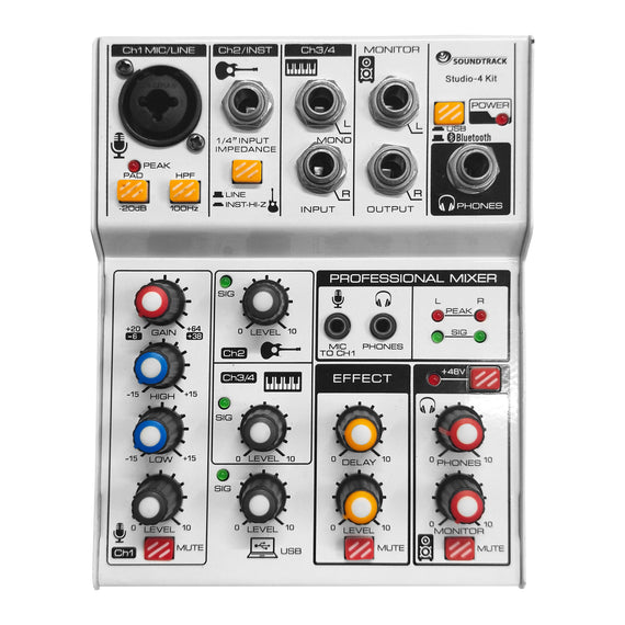 KIT DE GRABACIÓN, INCLUYE: MEZCLADORA 4 CANALES (1 DIRECTOS, 3 COMPARTIDOS), INTERFAZ, AUDÍFONO, MICRÓFONO y CABLES  SOUNDTRACK   STUDIO-4-KIT - Hergui Musical