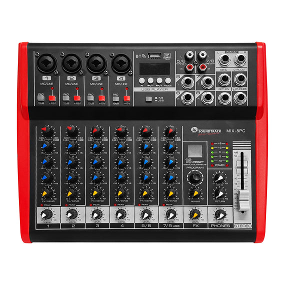 MEZCLADORA AMPLIFICADA 8 CANALES (4 DIRECTOS, 4 COMPARTIDOS) 150w RMS x 2, PHANTOM, BLUETOOTH  SOUNDTRACK   MIX-8PC - Hergui Musical