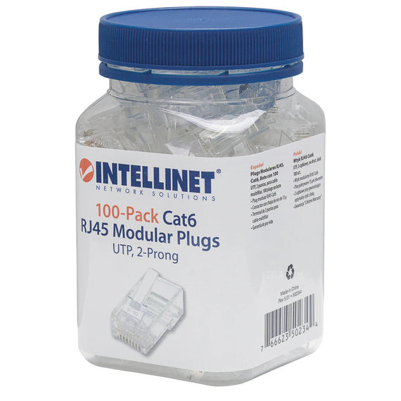 Paq. 100 Pzas. de PLUG RJ45 CAT6 MULTIFILAR UTP BOTE 100 PZAS ORO 15-MICRAS  INTELLINET  502344(100) - Hergui Musical
