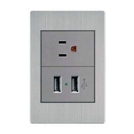 PLACA CONTACTO SENCILLO 100-260VCA Y CONVERTIDOR DE VOLTAJE DOBLE USB 5VCD 2.1A ACERO INOX. GRIS 77X124MM  ARTLITE   APL-107 - Hergui Musical