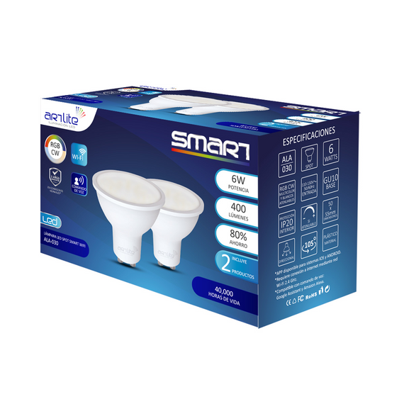 LAMPARAS LED SMART WIFI RGB MULTICOLOR Y BLANCOS GU10 6W HASTA 400LM DIMEABLE CON APP  ARTLITE   ALA-030 - Hergui Musical