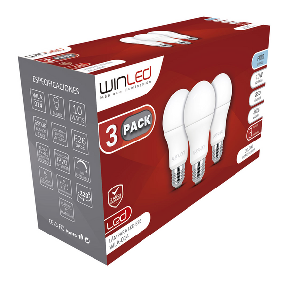 LAMPARAS PAQUETE TRIPACK 3 X LED BULBO E26 10W BLANCO FRIO  WINLED   WLA-014 - Hergui Musical