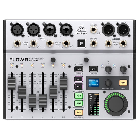 Mezcladora digital BEHRINGER de 8 entradas con audio bluetooth y app de control, faders de 60 mm, 2 procesadores de FX, interface de audio/USB  FLOW-8 - Hergui Musical