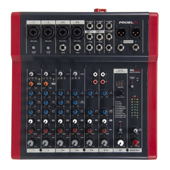 Mezcladora análoga 10 canales (4 Directos, 6 compartidos)  PROEL  MQ10FX - Hergui Musical