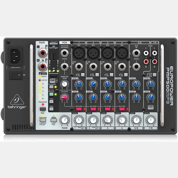 Mezcladora amplificada ultra compacta de 8 canales (4 mic y 2 estéreo), potencia de 500W, reproductor MP3  BEHRINGER   PMP500MP3 - Hergui Musical