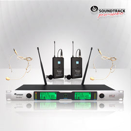 SISTEMA DE MICRÓFONO INALÁMBRICO, FRECUENCIAS FIJAS,  2 CANALES, 2 MICRÓFONOS DE SOLAPA + 2 MICRÓFONOS DE DIADEMA (DOS A LA VEZ), MONTABLE EN RACK   SOUNDTRACK   STW-36HUL - herguimusical