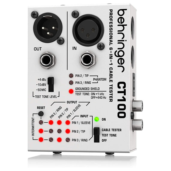 PROBADOR BEHRINGER PROFESIONAL DE CABLES 6 EN 1, CONTROLADO POR MICROPROCESADOR CON 3 MODOS: CABLE, PRUEBA DE CABLE INSTALADO Y MODO DE TEST DE TONO, ACEPTA TODOS LOS CONECTORES ESTÁNDAR   CT-100 - herguimusical
