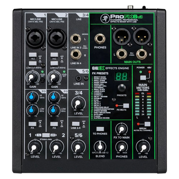 MEZCLADORA 6 CANALES (2 DIRECTOS, 4 COMPARTIDOS)  CON EFECTOS Y USB   MACKIE   PROFX6V3 - herguimusical